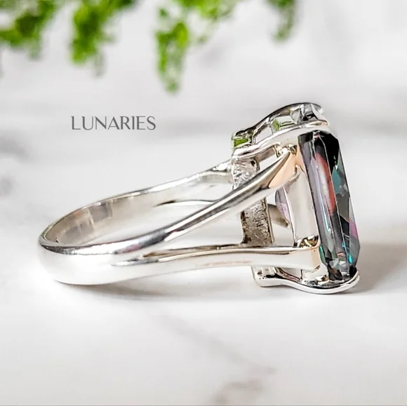 Rainbow Mystic Topaz Ring, 925 Sterling Silver, Emerald-Cut Size 9 - Picture 4 of 10